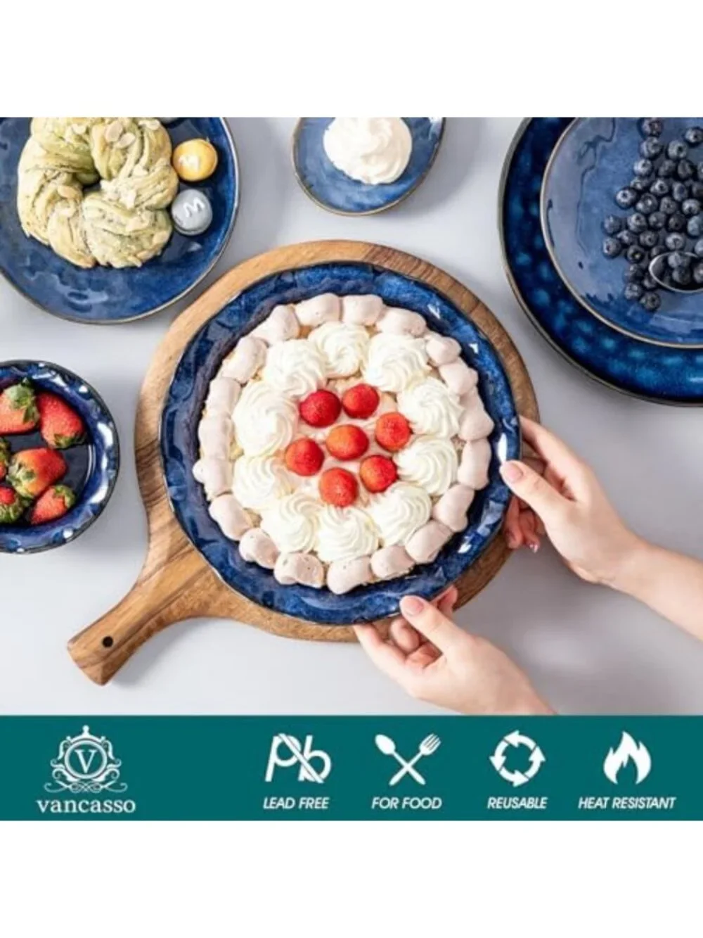 9-Inch Deep Ceramic Pie Pan for Baking - Fluted Edge, Blue Reactive Glaze Dish